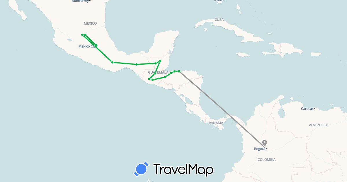 TravelMap itinerary: bus, plane in Colombia, Guatemala, Honduras, Mexico, El Salvador (North America, South America)